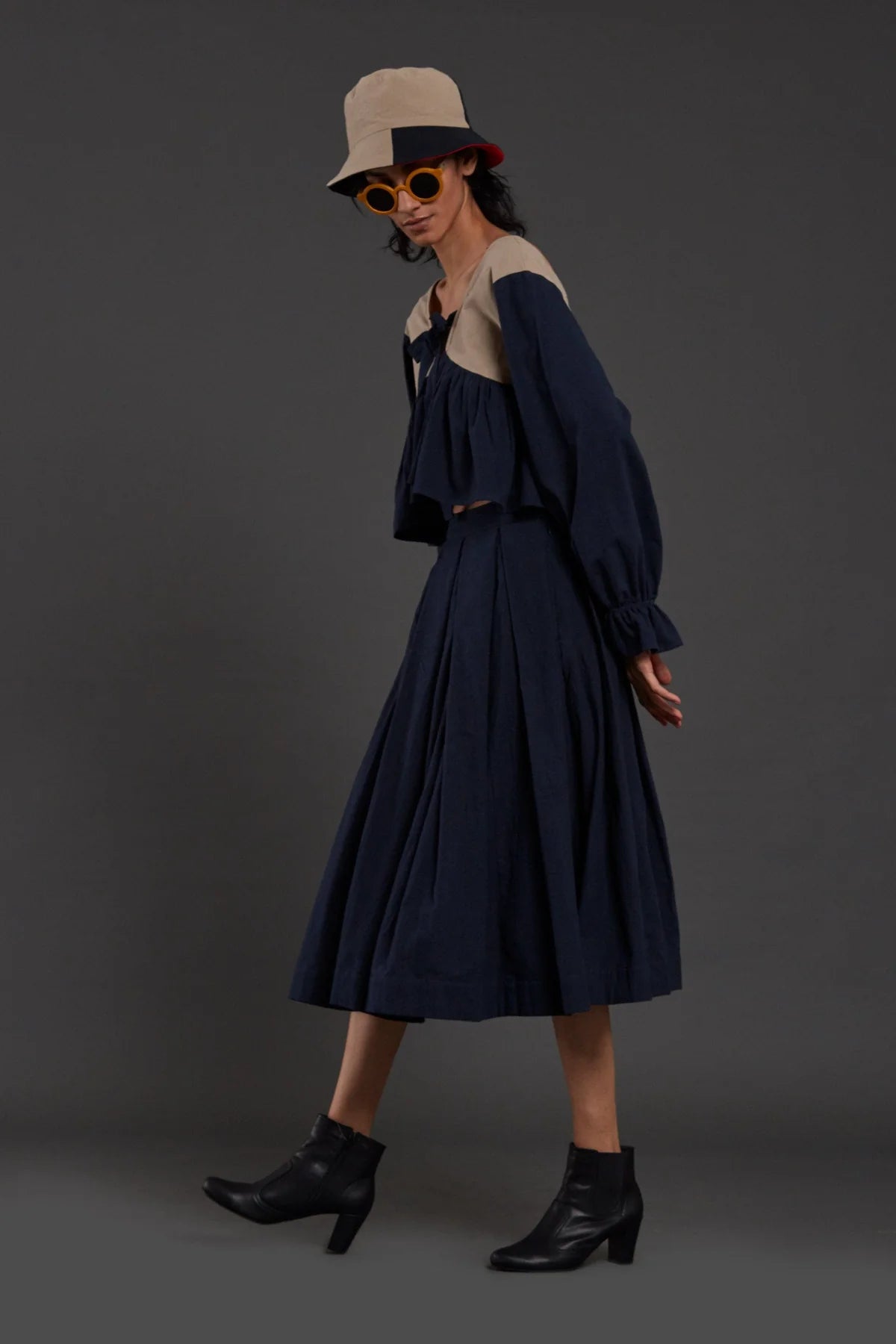 Beige & Navy Blue Bow Top