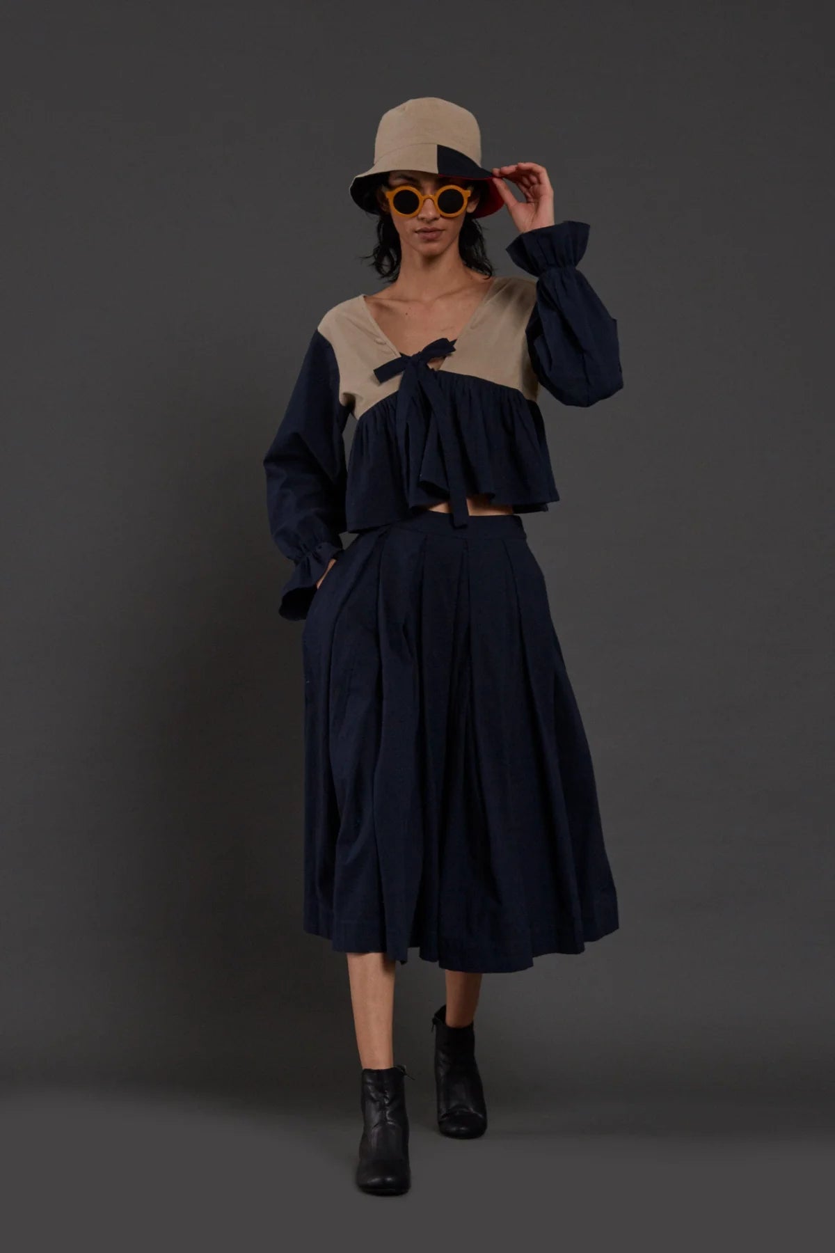 Beige & Navy Blue Bow Top