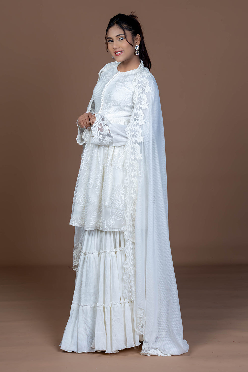 White cotton  tiered garara set with short kurta, paired with Kota doria Dupatta