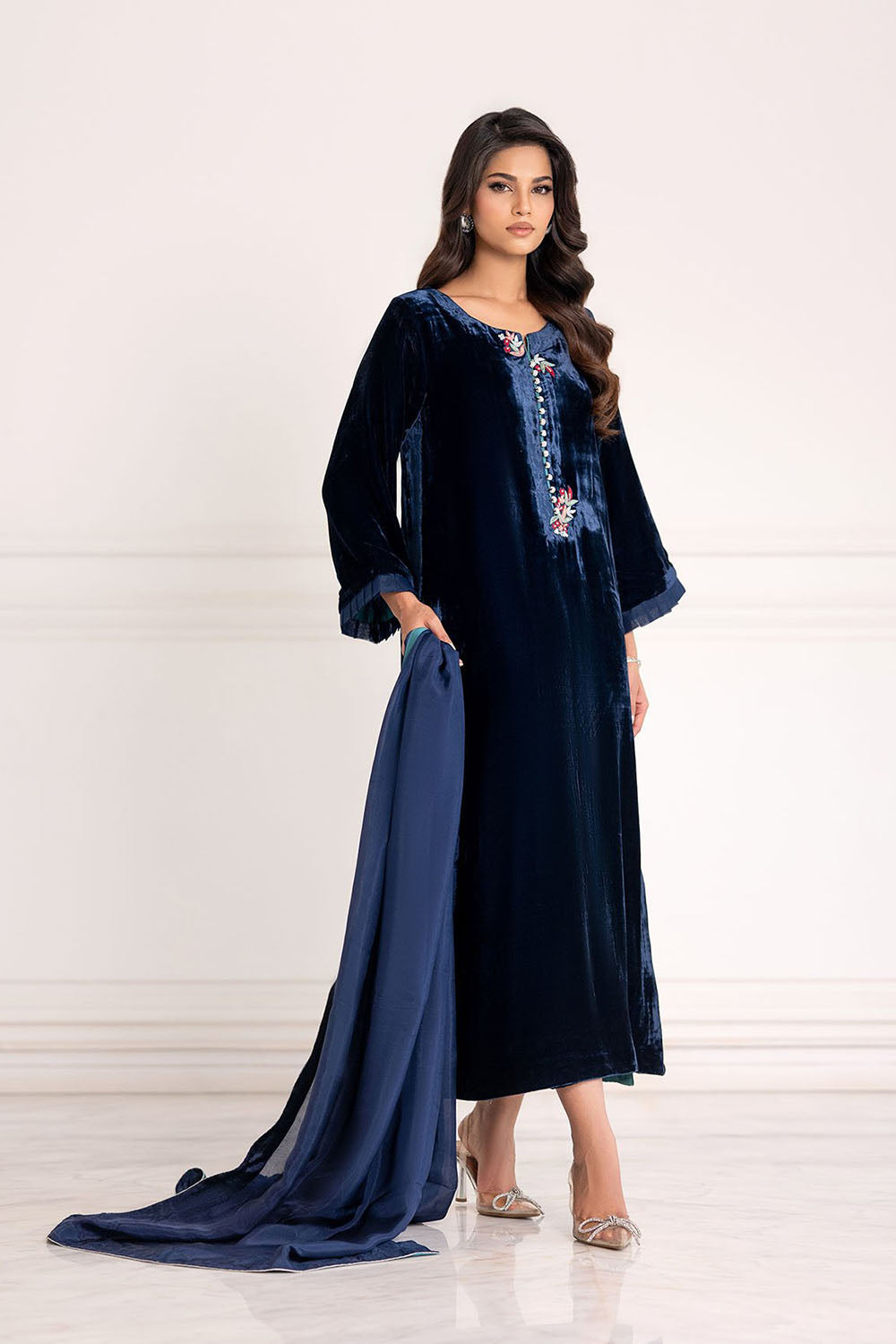 Midnight Blue Luxe Velvet Straight Suit Set