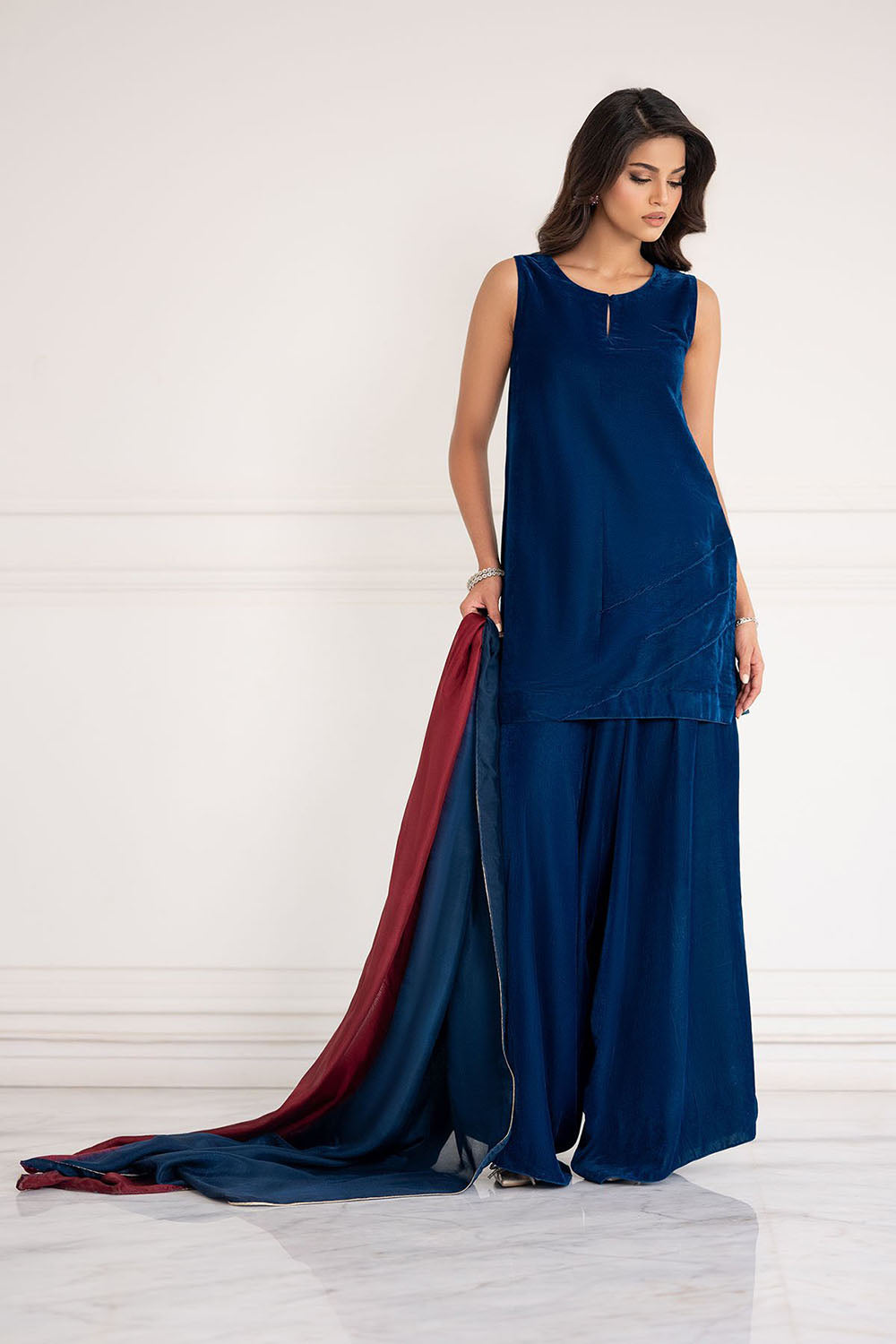 Midnight Blue Velvet Flared Suit Ensemble