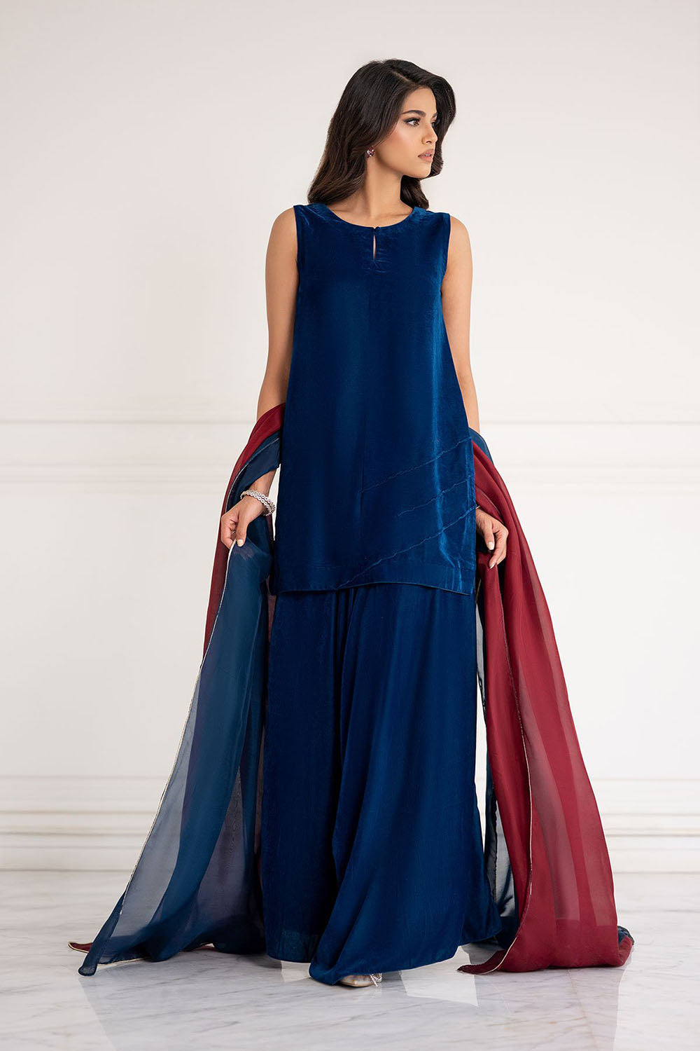 Midnight Blue Velvet Flared Suit Ensemble