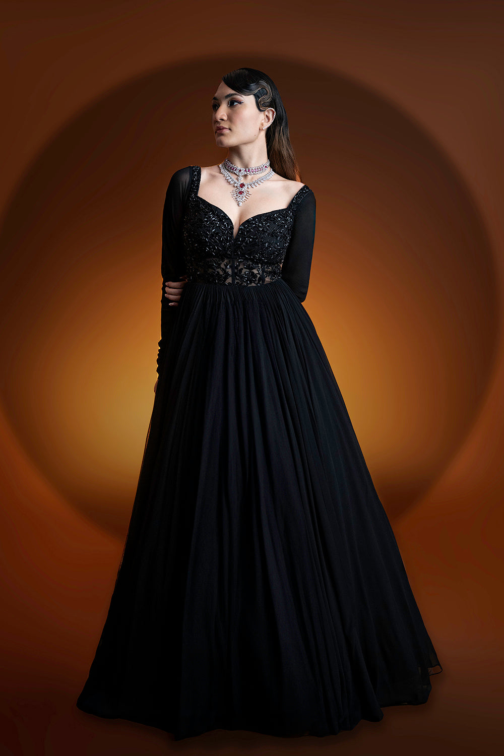 Party wear black hand embroidered anarkali in georgette with hand embroidered georgette scallop dupatta