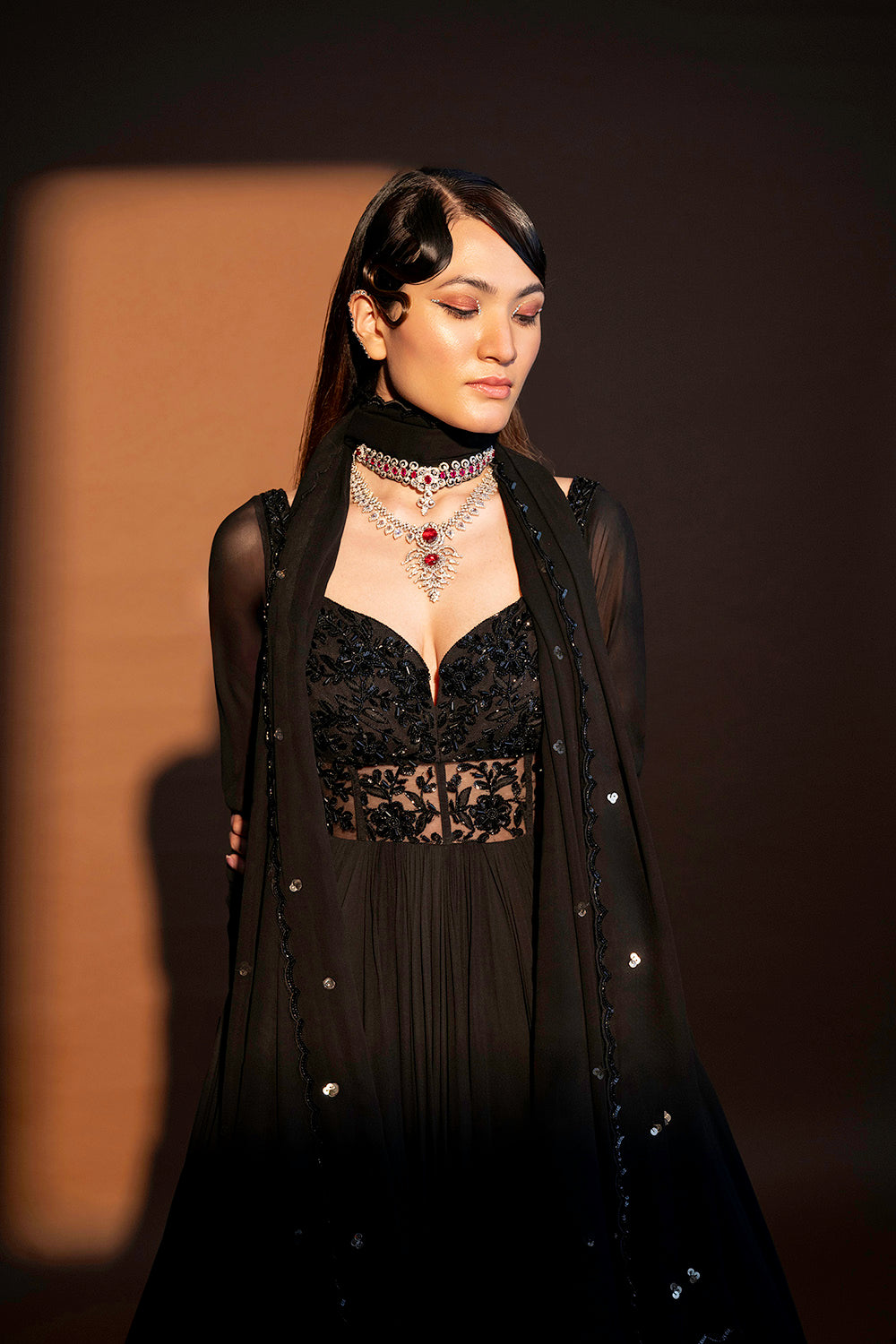 Party wear black hand embroidered anarkali in georgette with hand embroidered georgette scallop dupatta