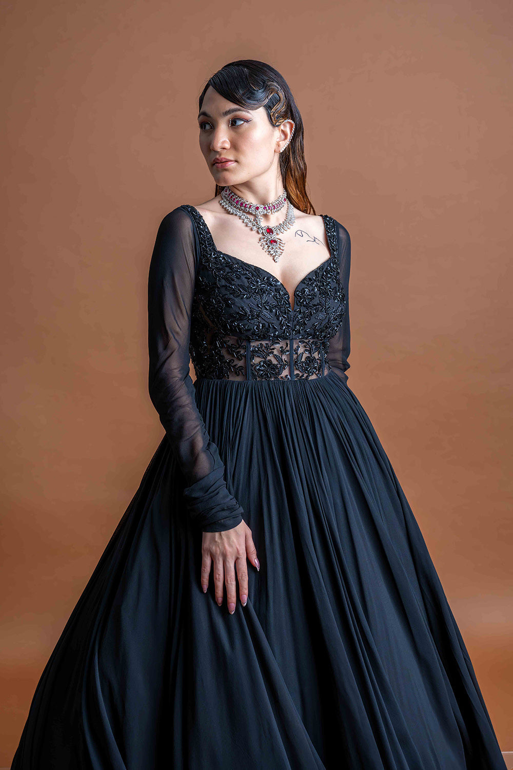 Party wear black hand embroidered anarkali in georgette with hand embroidered georgette scallop dupatta