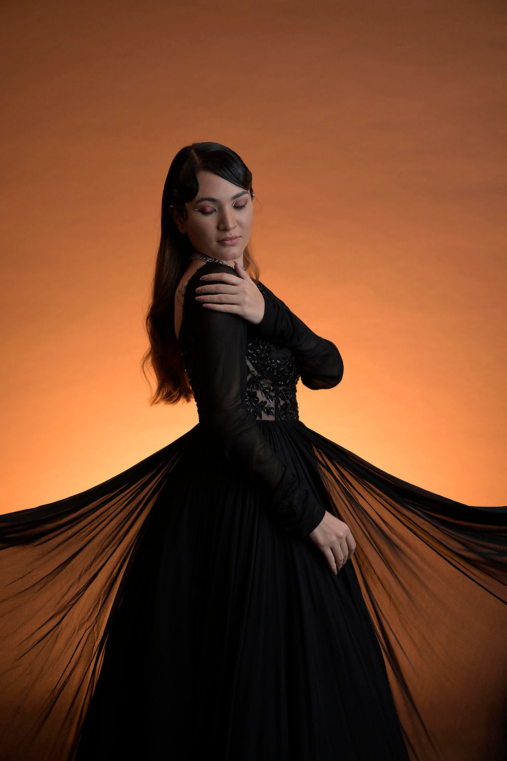 Party wear black hand embroidered anarkali in georgette with hand embroidered georgette scallop dupatta