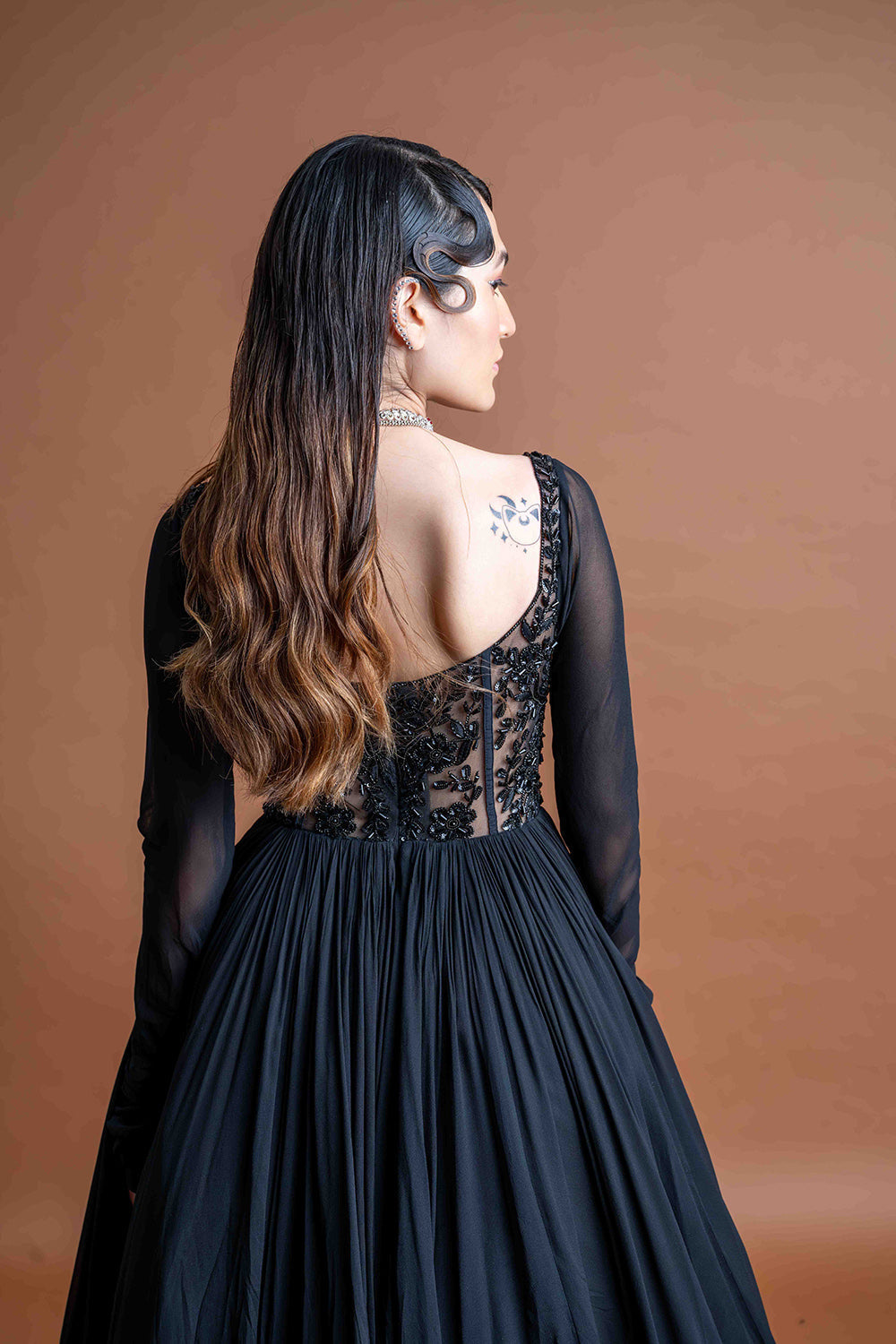 Party wear black hand embroidered anarkali in georgette with hand embroidered georgette scallop dupatta