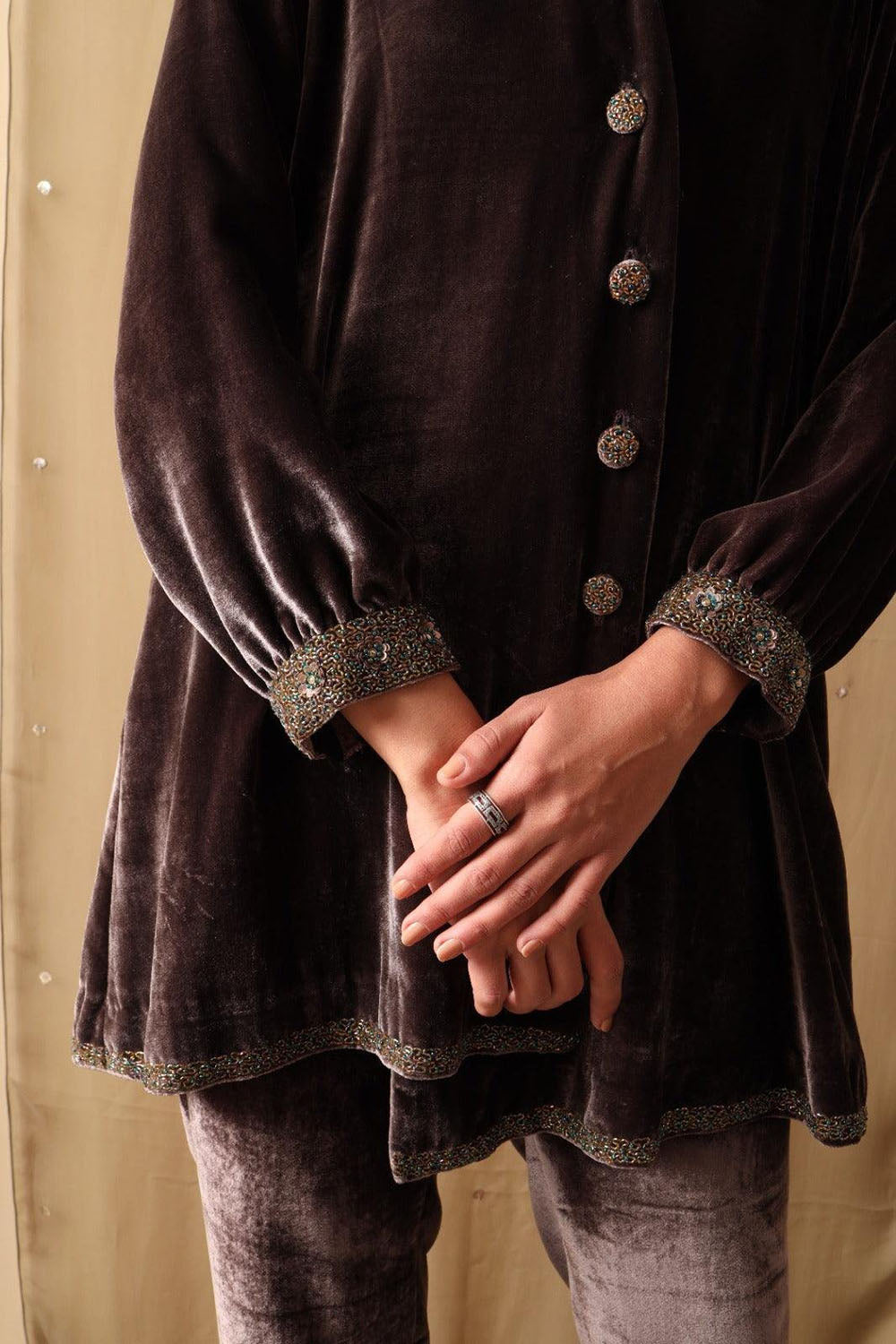 Mocha Luxe Embellished Velvet Co-ord Set