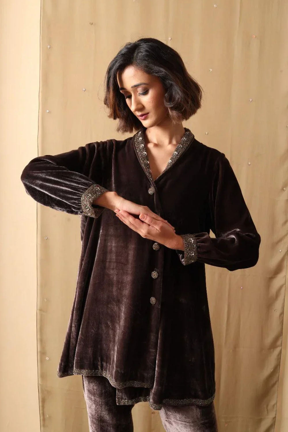 Mocha Luxe Embellished Velvet Co-ord Set