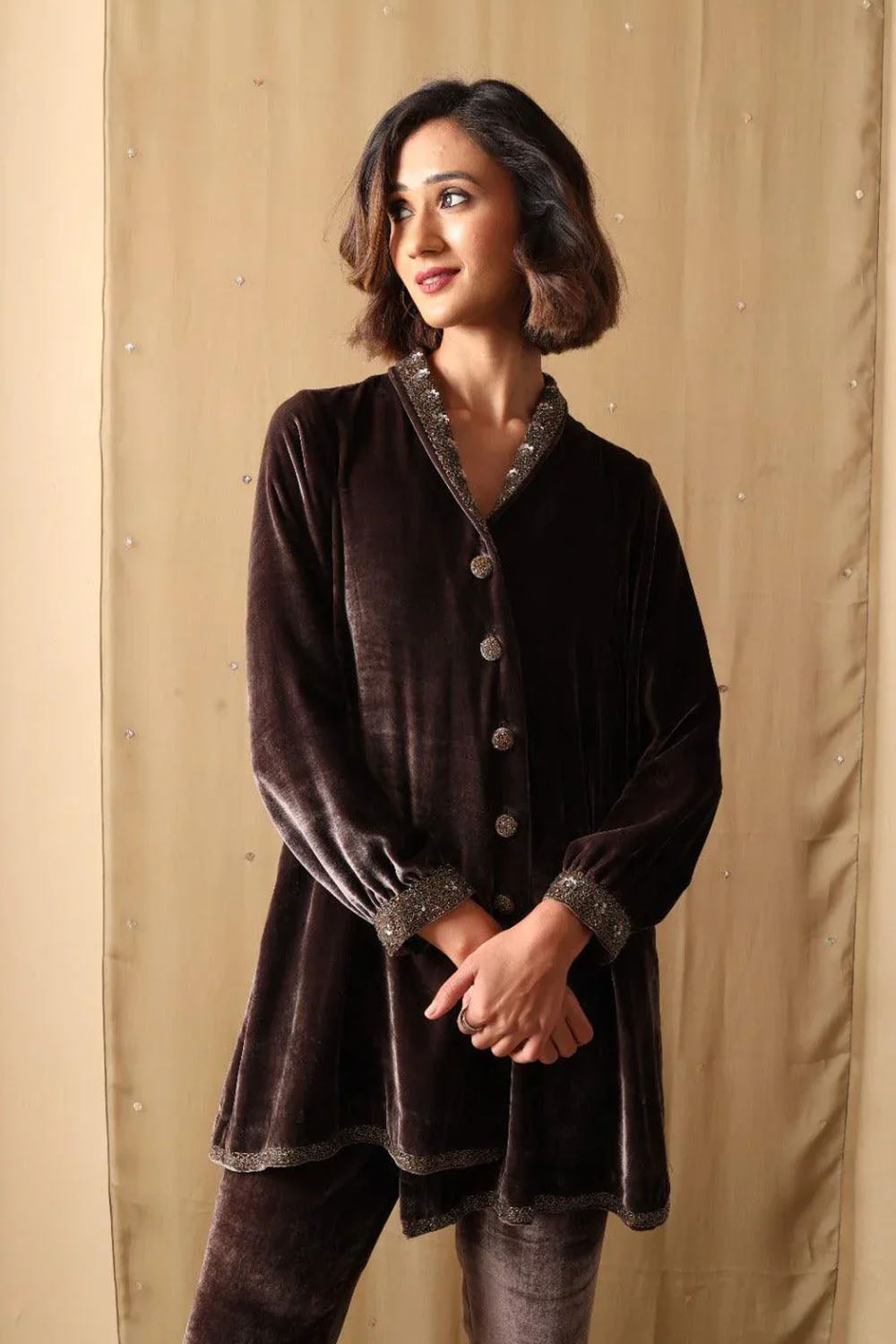 Mocha Luxe Embellished Velvet Co-ord Set