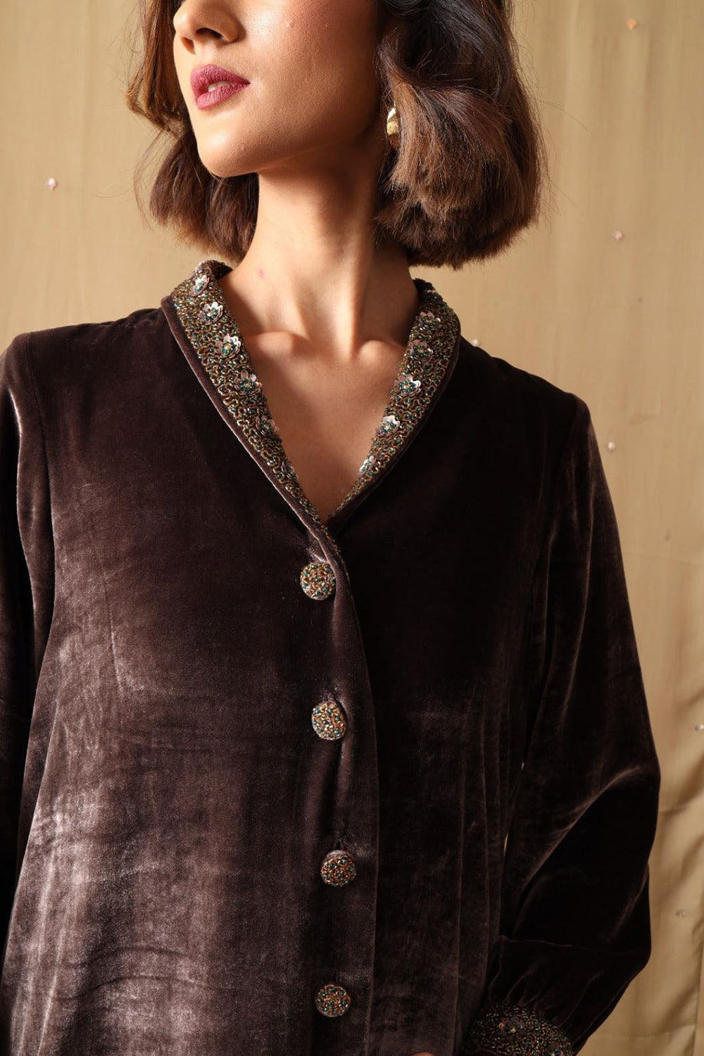 Mocha Luxe Embellished Velvet Co-ord Set