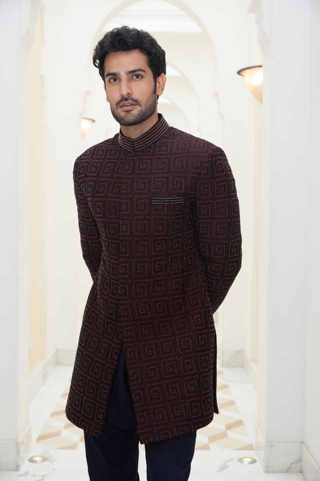 Burgundy Raw Silk EmbroideredShort Sherwani with Kurta and Salwar