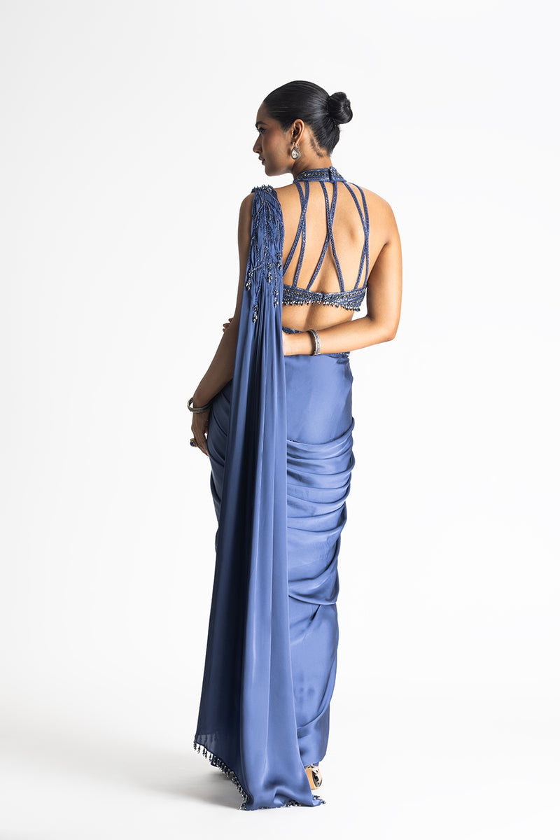 STONE BLUE PRE-DRAPED SATIN SAREE