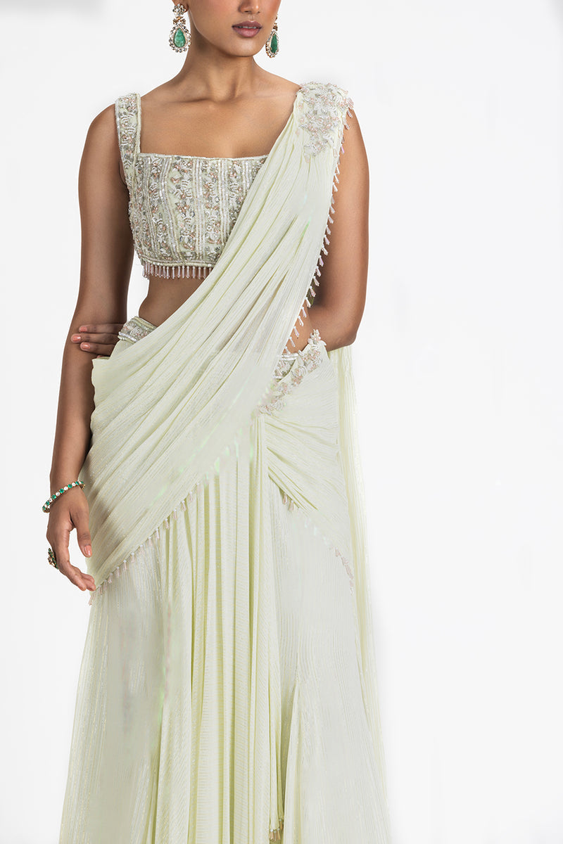 LIME GEORGETTE PRE-DRAPED SAREE