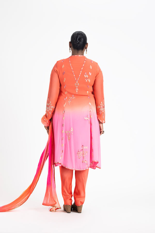 MANGO TO PINK SHADED SHIRT WITH DHOTI AND DUPATTA