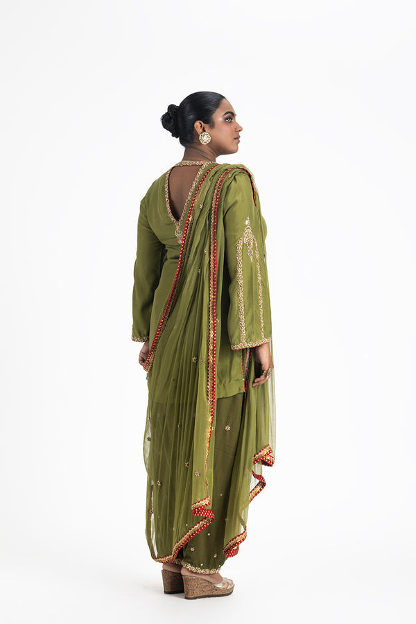 MEHENDI GREEN SILK KURTA WITH VELVET SALWAR