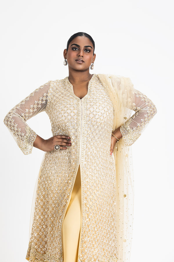 GOLD OMBRE NET JACKET WITH SHARARA SET