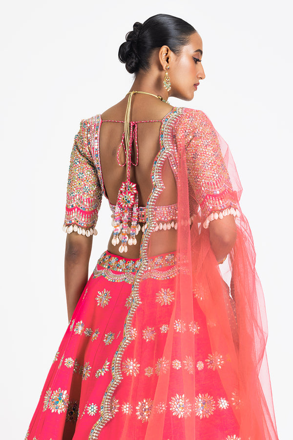 CORAL PINK RAW SILK EMBROIDERED LEHENGA SET