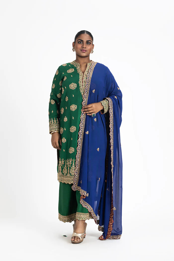 GREEN RAW SILK KURTA AND PALAZZO WITH BLUE DUPATTA