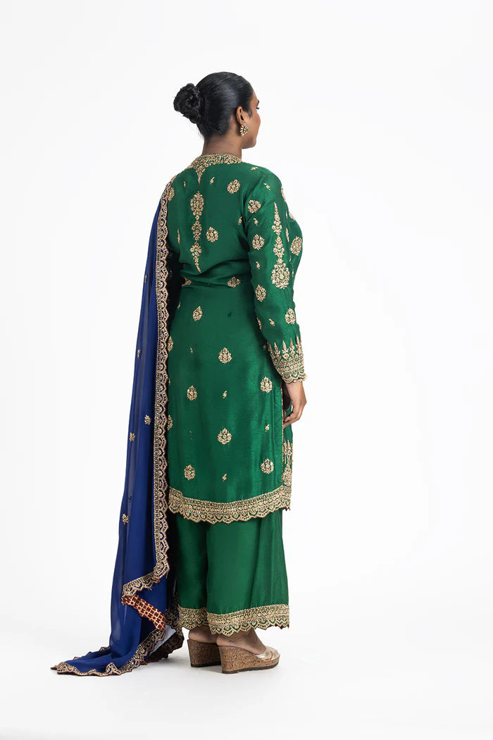 GREEN RAW SILK KURTA AND PALAZZO WITH BLUE DUPATTA
