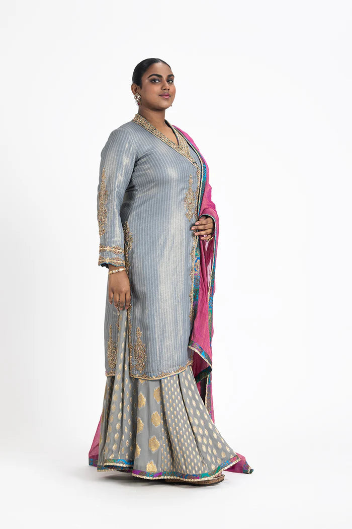GREY ANGRAKHA STYLE KURTA WITH PANNELED SHARARA AND TISSUE DUPATTA