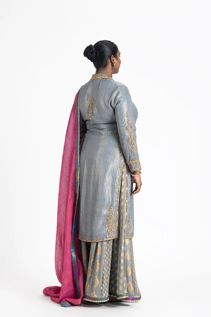 GREY ANGRAKHA STYLE KURTA WITH PANNELED SHARARA AND TISSUE DUPATTA