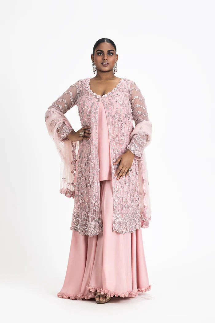 ROSE PINK NET JACKETAND DUPATTA WITH GEORGETTE SLIP AND SHARARA