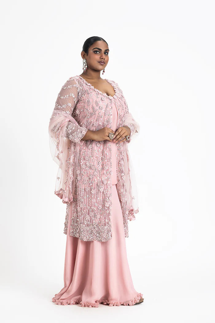 ROSE PINK NET JACKETAND DUPATTA WITH GEORGETTE SLIP AND SHARARA