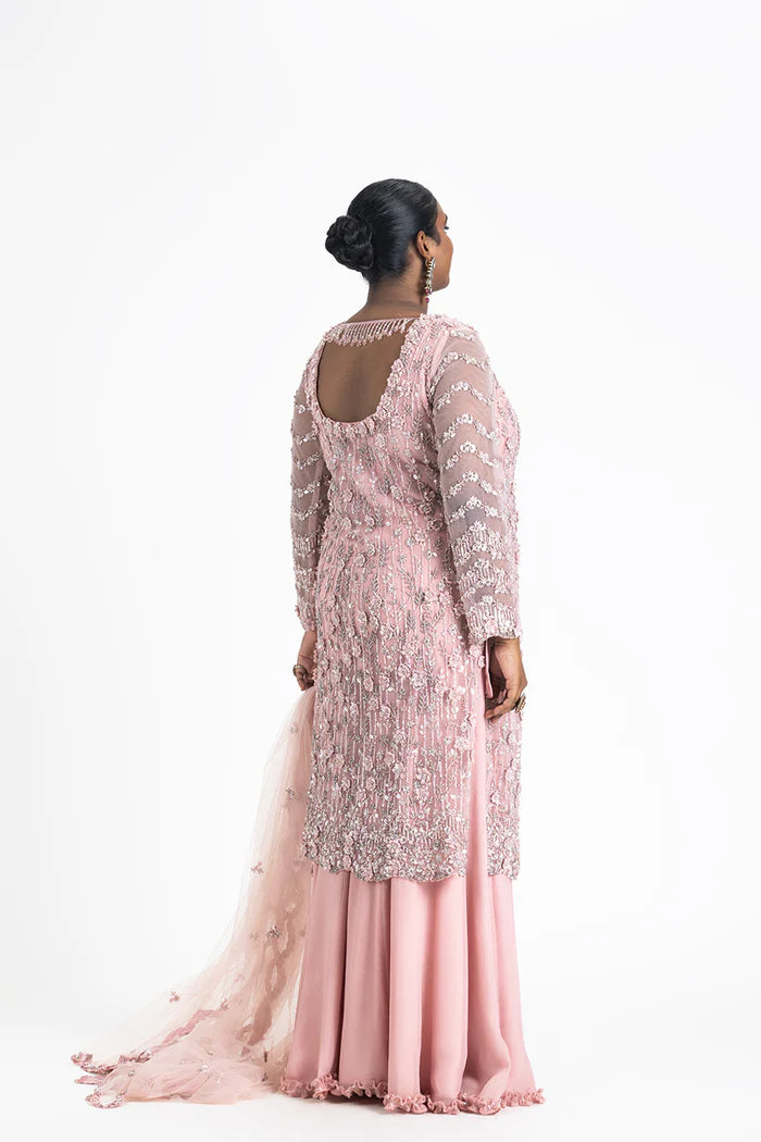 ROSE PINK NET JACKETAND DUPATTA WITH GEORGETTE SLIP AND SHARARA