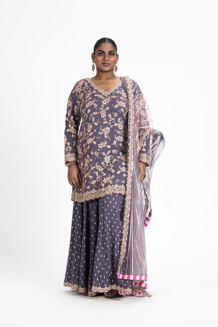 PURPLE GEORGETTE KURTA BENARSI SHARARA AND ORGANZA DUPATTA SET