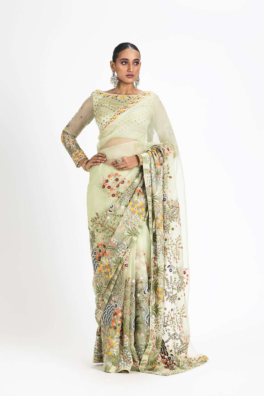 OLIVE GREEN ORGANZA SAREE BLOUSE