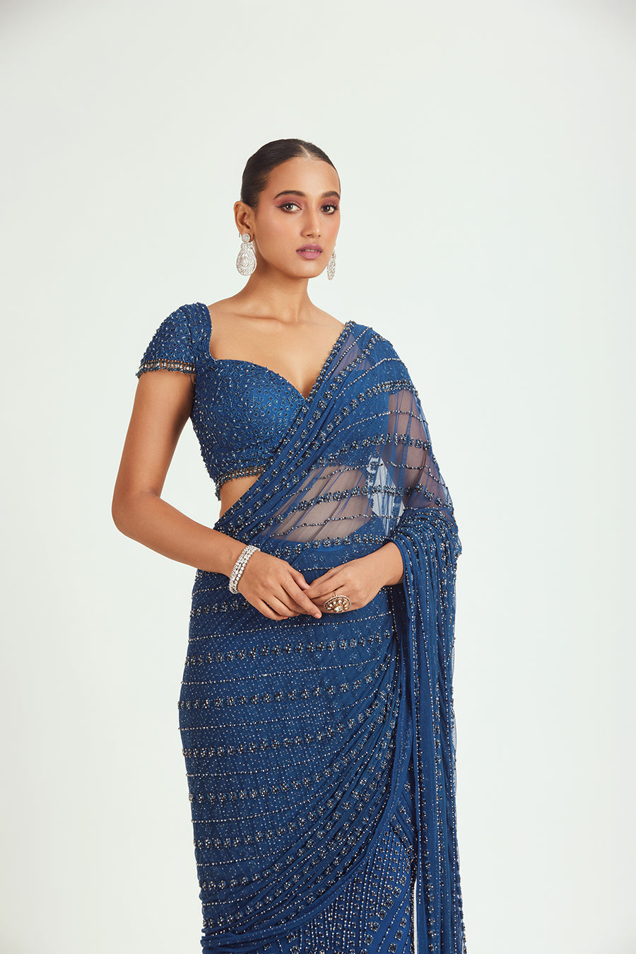 COBALT BLUE NET DRAPED SAREE