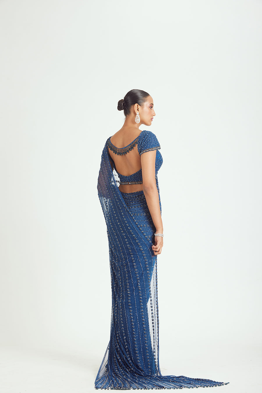 COBALT BLUE NET DRAPED SAREE