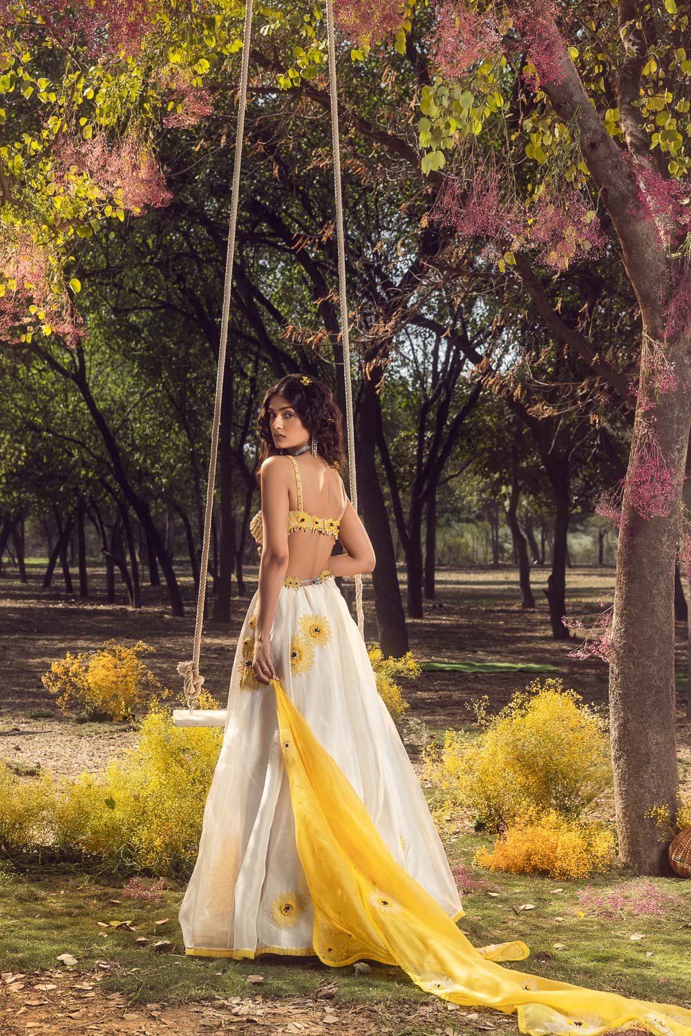 Off White Sunflower Lehenga Set With Belt