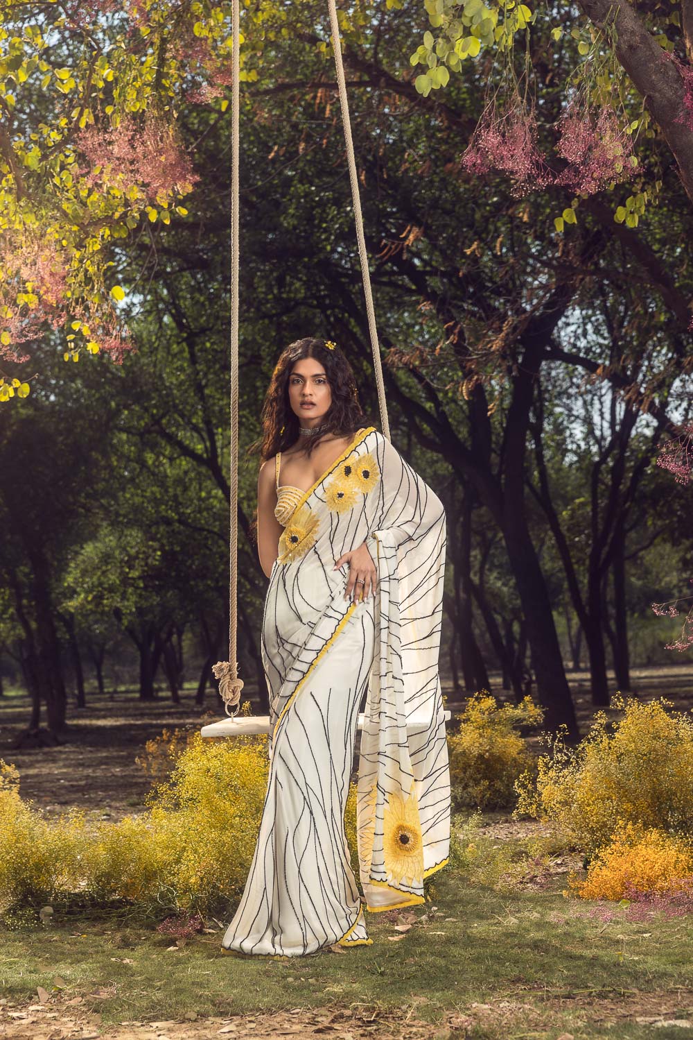 Off White Georgette Sunflower Saree
