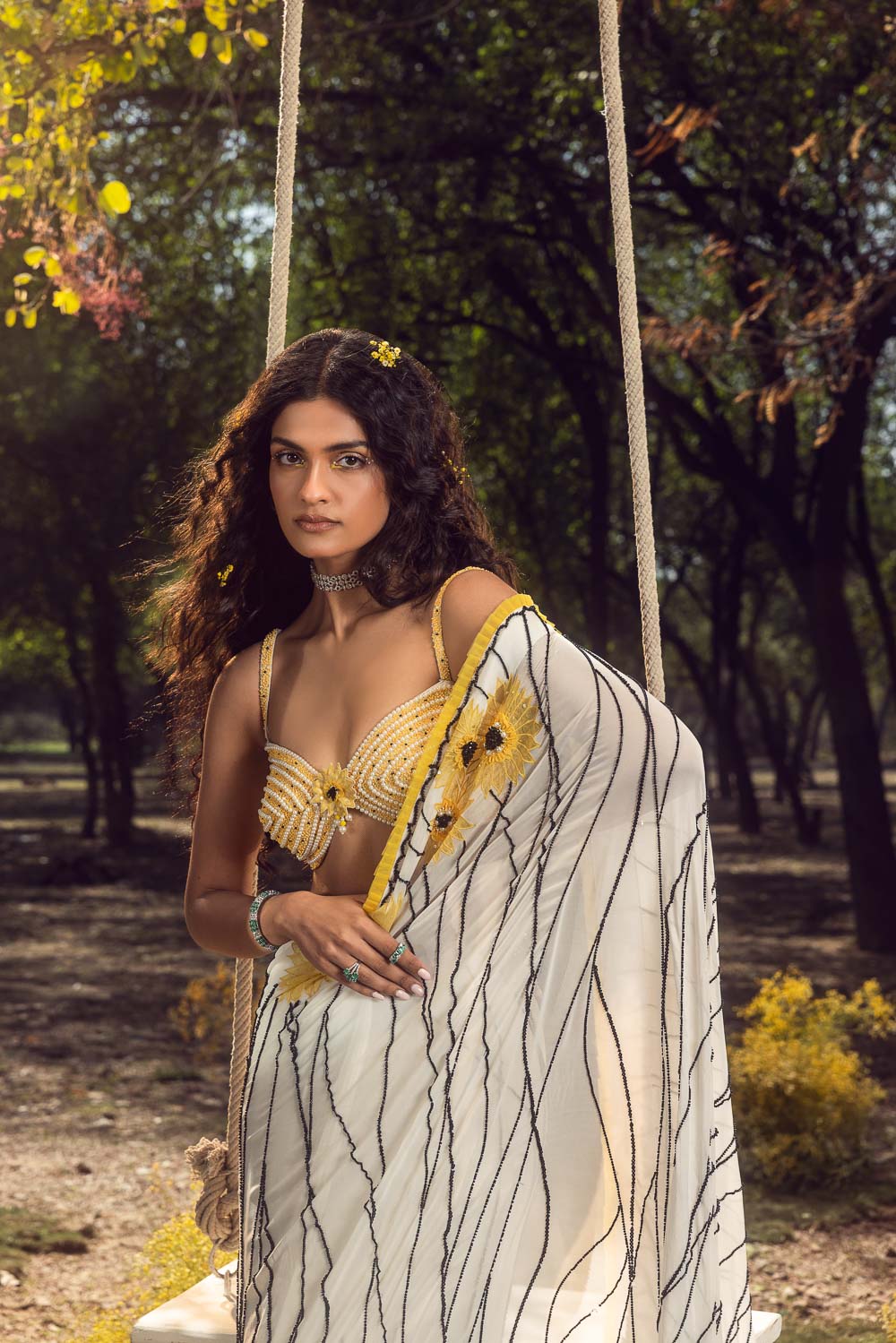 Off White Georgette Sunflower Saree