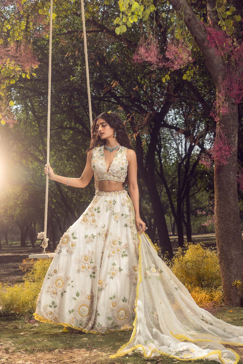 Off White 3D Lehenga Set
