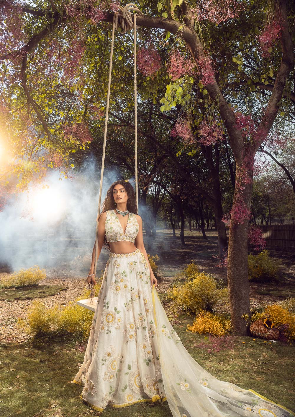 Off White 3D Lehenga Set