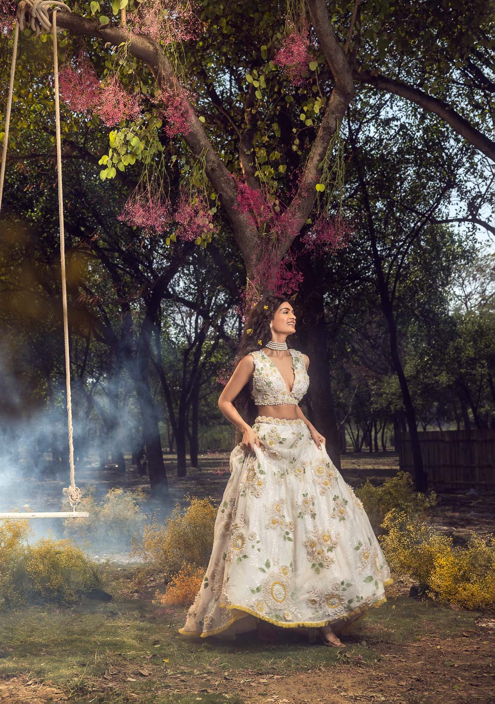 Off White 3D Lehenga Set