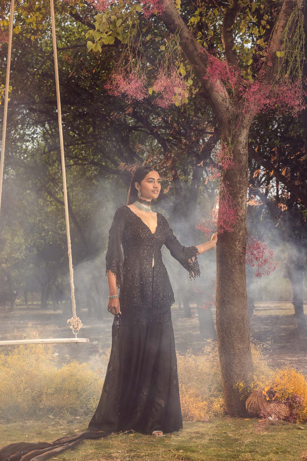 Black Nude Peplum Garara Set With Bustier