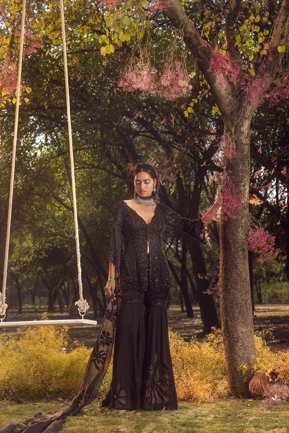 Black Nude Peplum Garara Set With Bustier