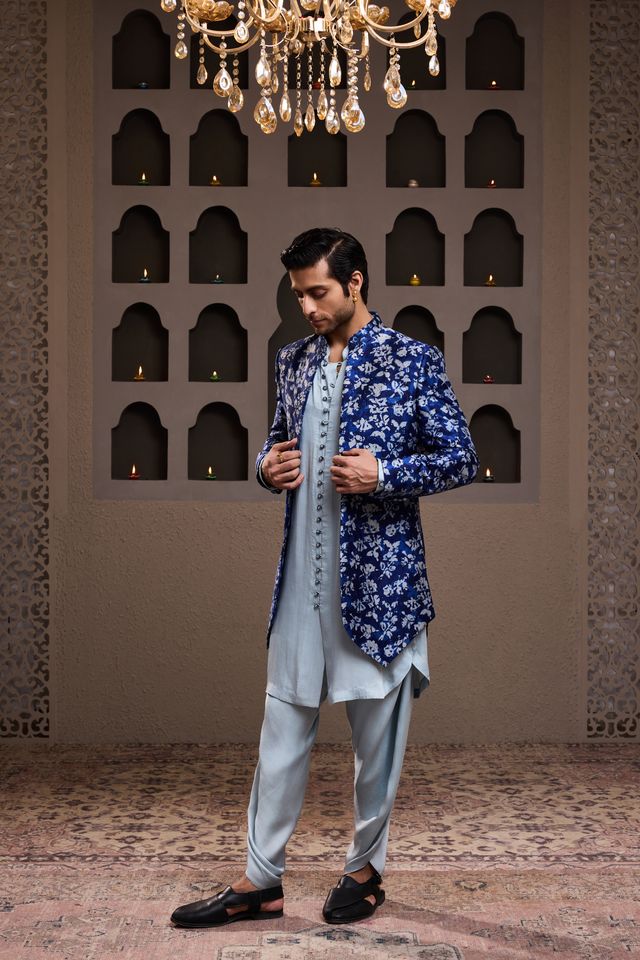 Indigo Printed Long Jacket Kurta Dhoti