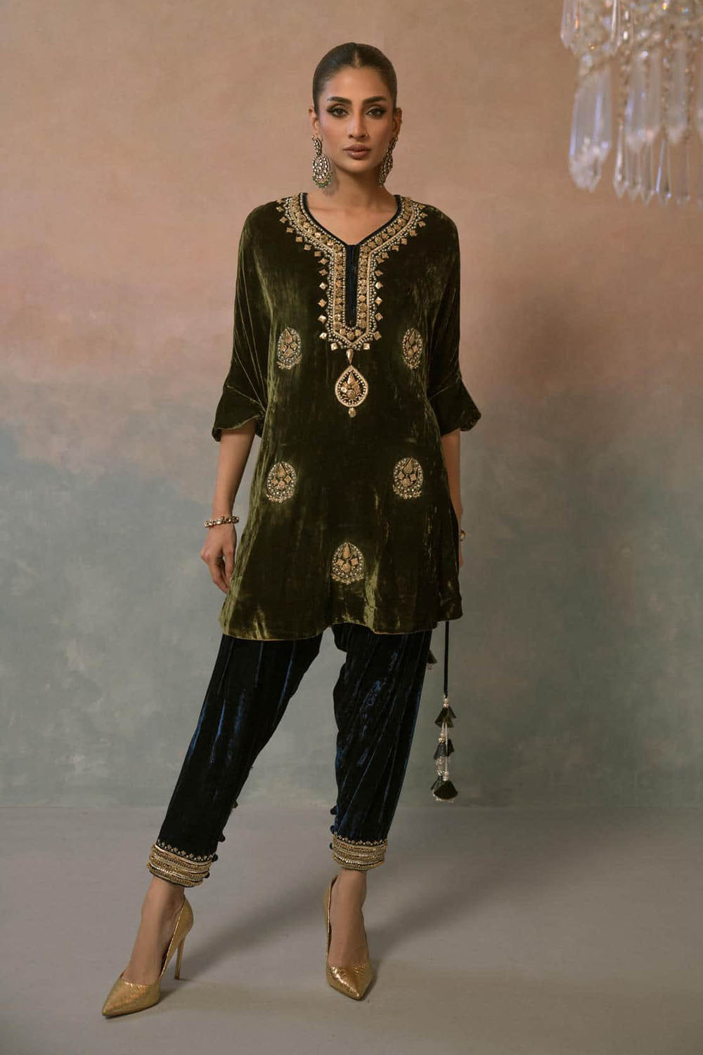 Olive Opulence Embroidered Velvet Set