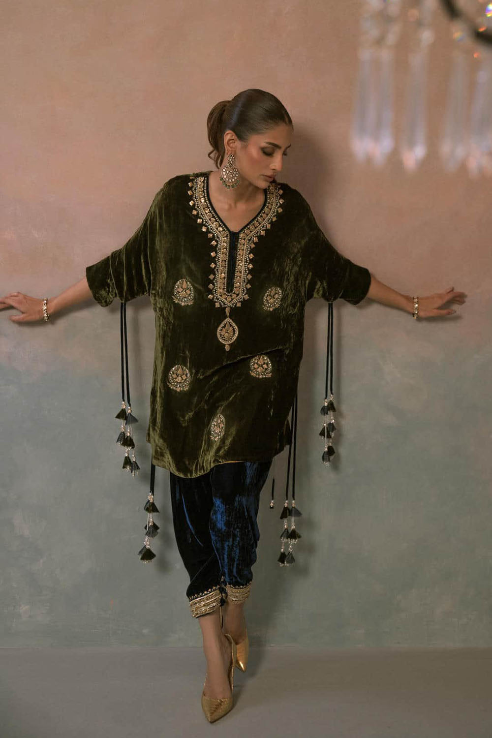 Olive Opulence Embroidered Velvet Set