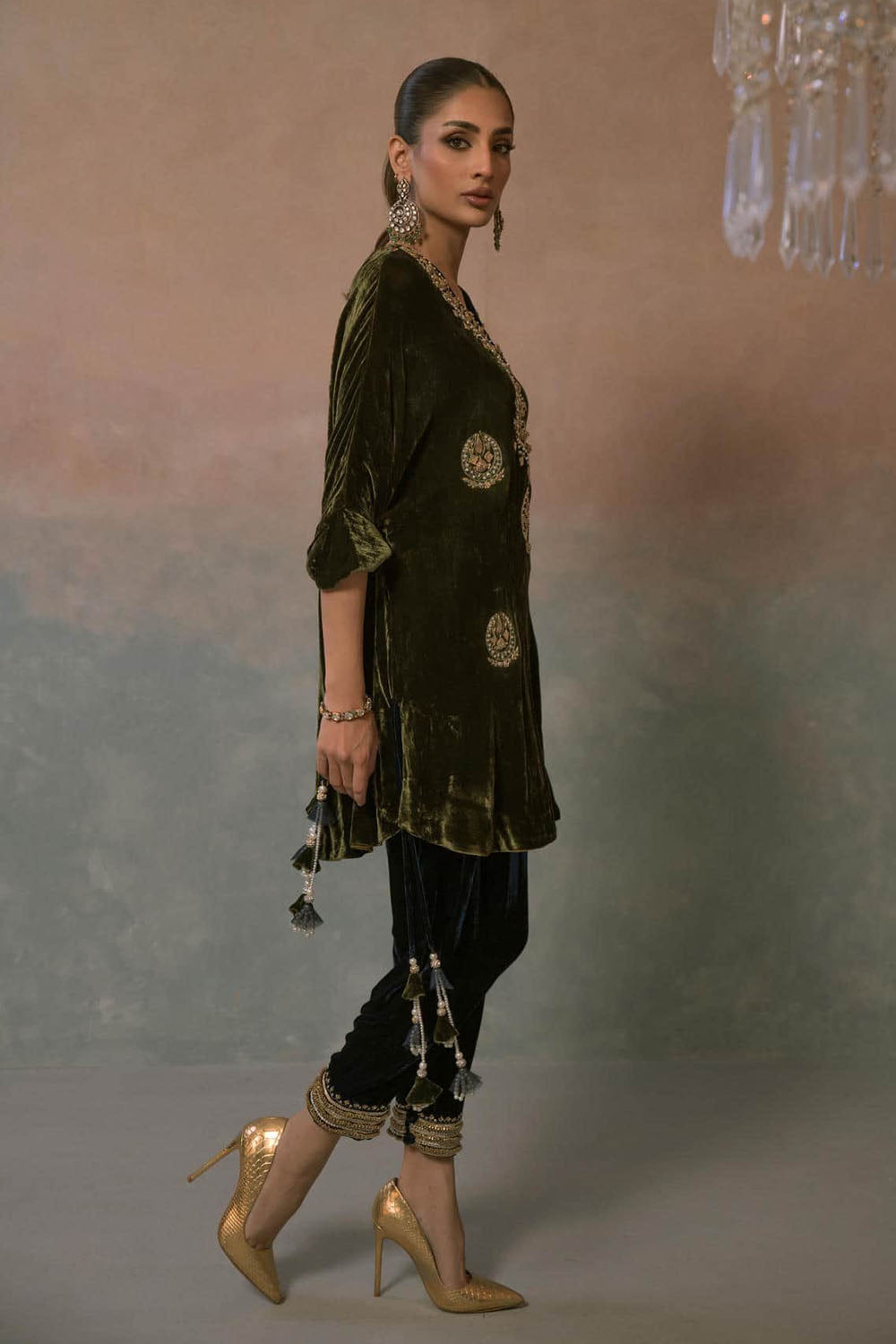 Olive Opulence Embroidered Velvet Set