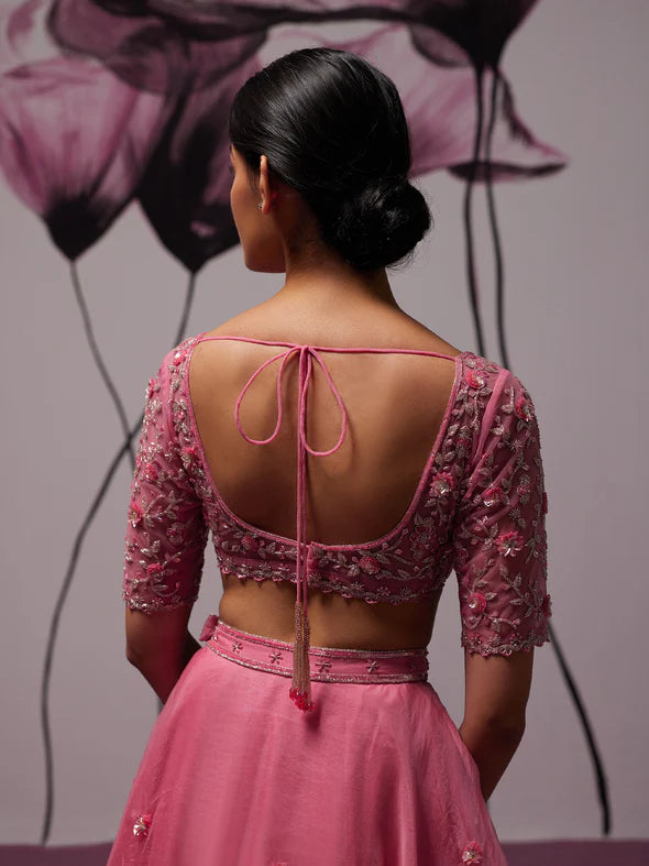 Grandiose Pink Silk Organza Lehenga Set