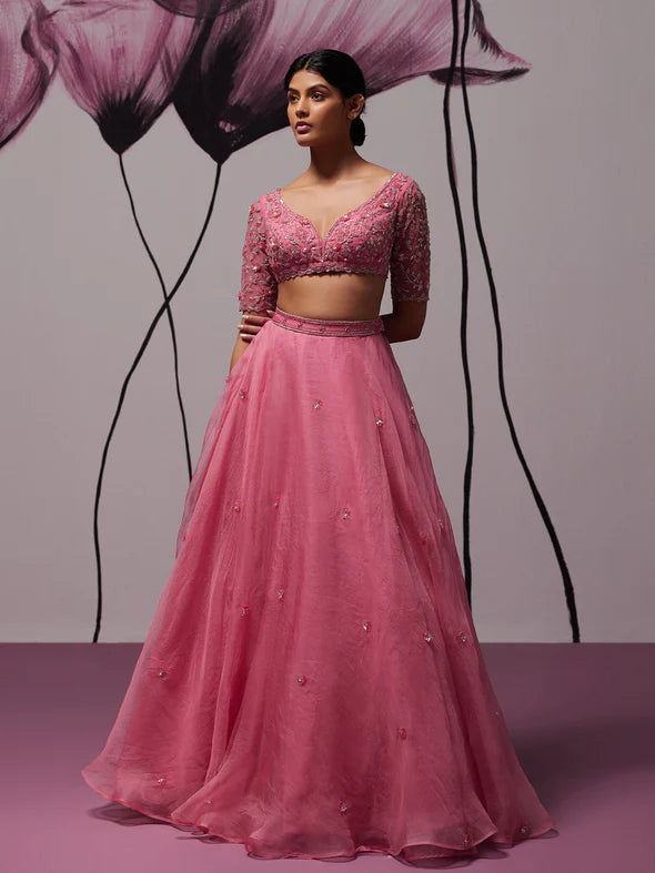 Grandiose Pink Silk Organza Lehenga Set