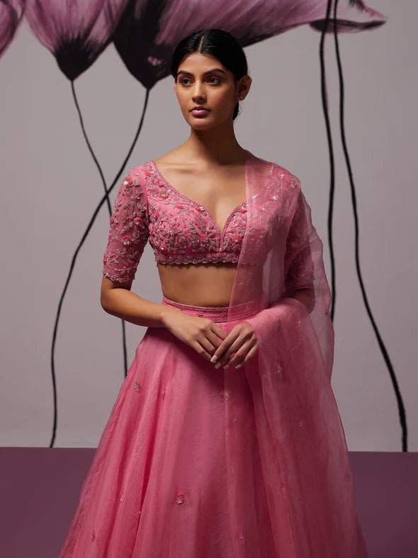Grandiose Pink Silk Organza Lehenga Set