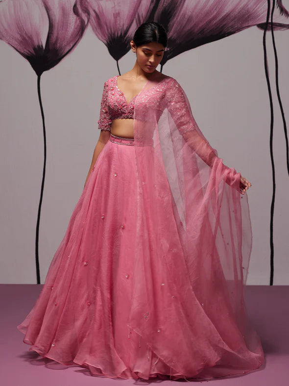 Grandiose Pink Silk Organza Lehenga Set