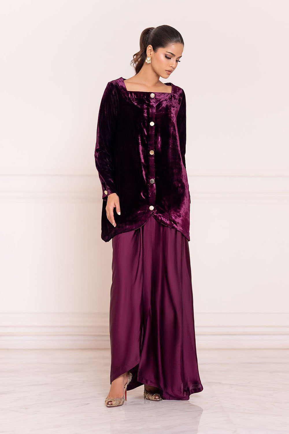 Plum Luxe Velvet Kurta & Draped Pant Set